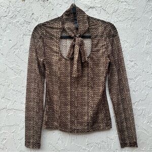 BCBG MAXAZRIA Blouse Top Women Medium Y2K Vintage Tie Neck Sheer‎ Long Sleeve